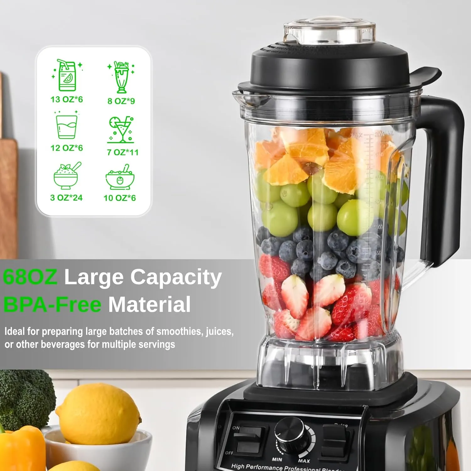Kitchen in the box 68 OZ Professional High Performance Countertop Blender with Stainless Steel Blades, BPA Free Large Capacity Blender for Smoothies, Ice Crush, Milkshake (Black)