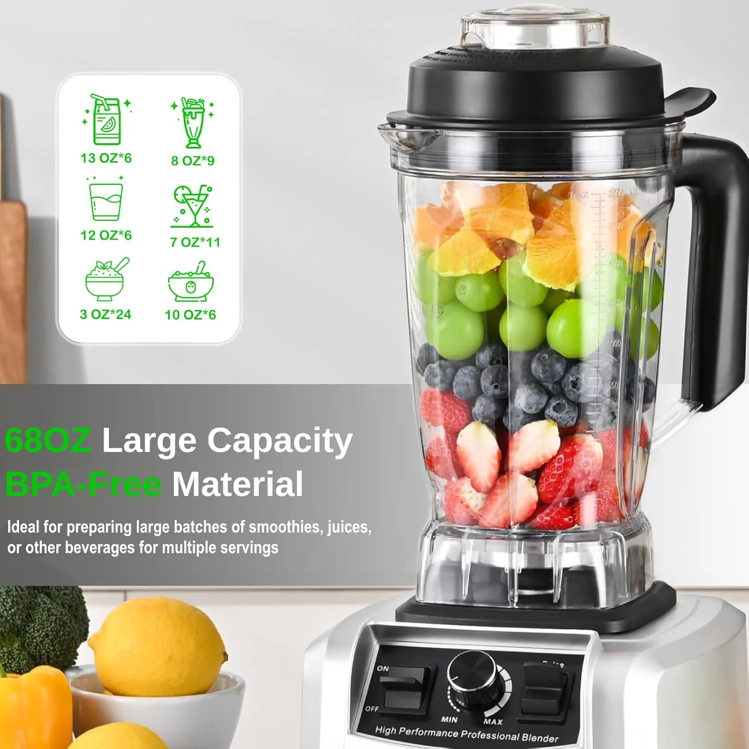 Kitchen in the box 68 OZ Professional High Performance Countertop Blender with Stainless Steel Blades, BPA Free Large Capacity Blender for Smoothies, Ice Crush, Milkshake (Silver)