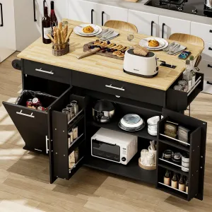 Kitchen Island with Trash Can Storage, Portable Kitchen Island on Wheels with Drop Leaf & Power Outlet, Rolling Kitchen Cart with Towel Rack & Spice Rack, Large Mobile Islands Table for Kitchen, Black