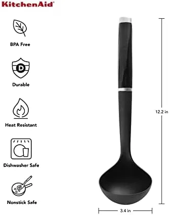 KitchenAid Classic Slotted Turner, One Size, Black 2, 13.66-Inch & KitchenAid Classic Soup Ladle, One Size, Black 2 & KitchenAid Classic Basting Spoon, One Size, Black