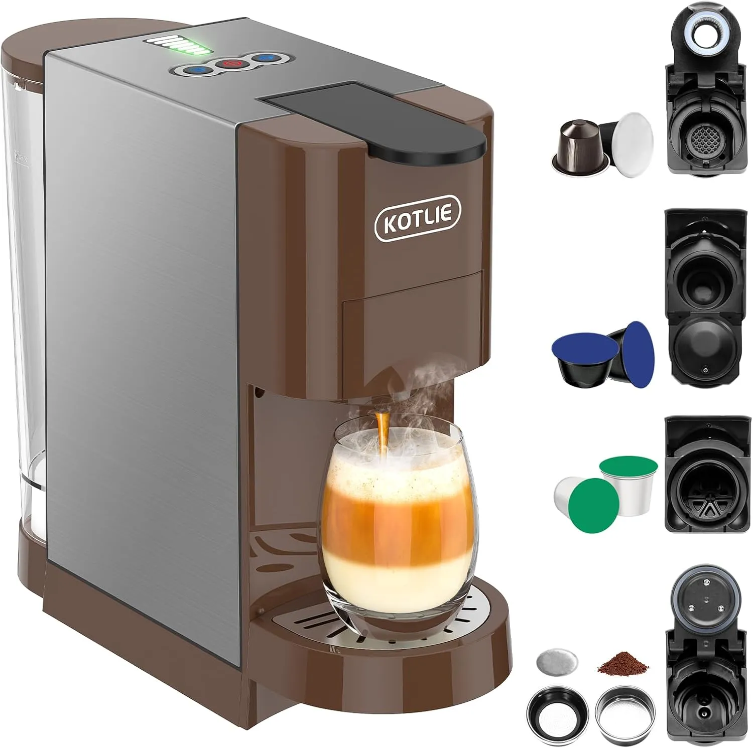 KOTLIE Multifunctional 5in1 Espresso Machine, 19Bar Pressure Single Serve Coffee Maker for NES* Original/Dolce Gusto/K cup/Ground Coffee/illy 44mm ESE, Cold&Hot Brew, Level 7 watervolume (AC-513HF)