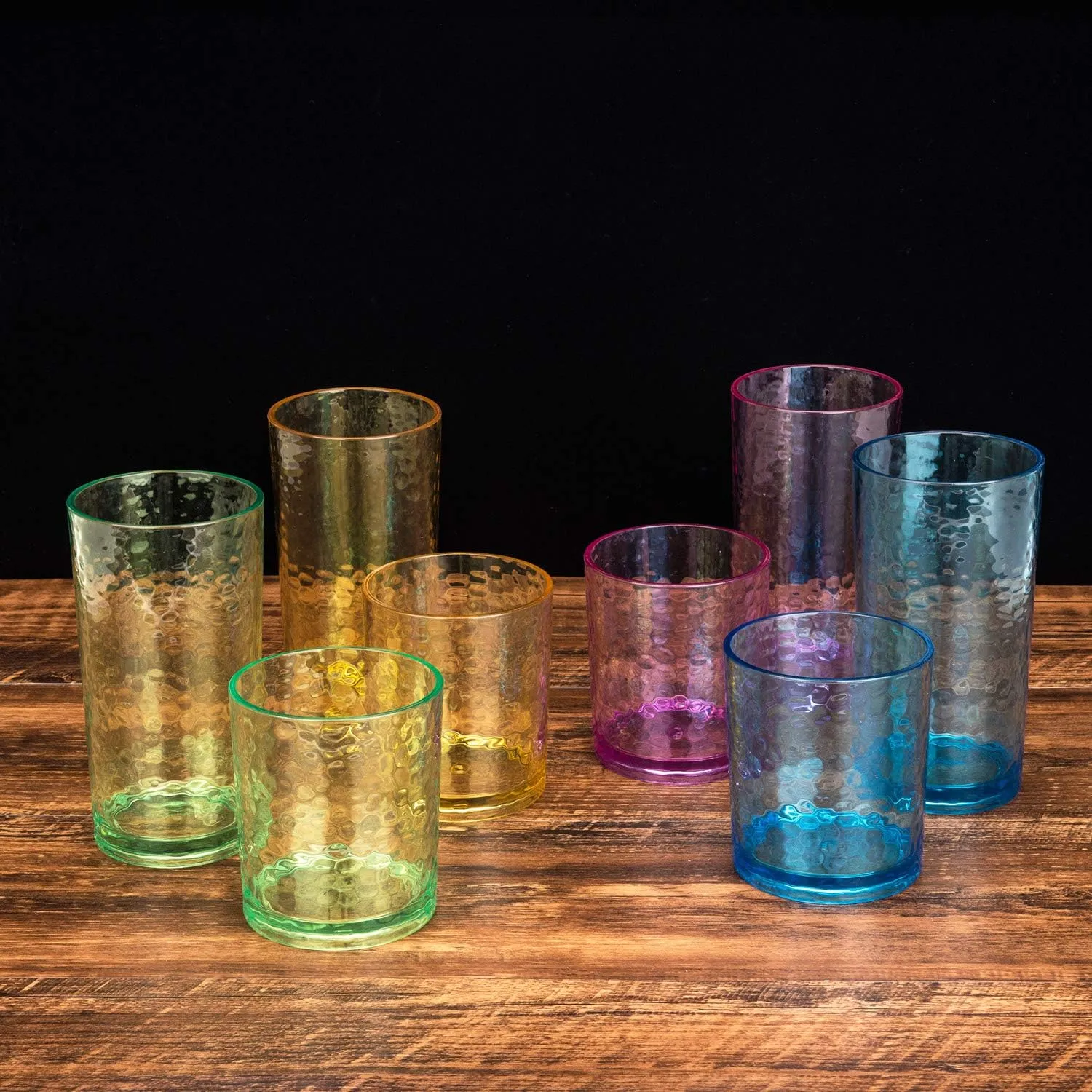 KX-WARE 14-ounce and 20-ounce Acrylic Glasses Plastic Tumbler, set of 8 Multicolor - Hammered Style, Dishwasher Safe, BPA Free