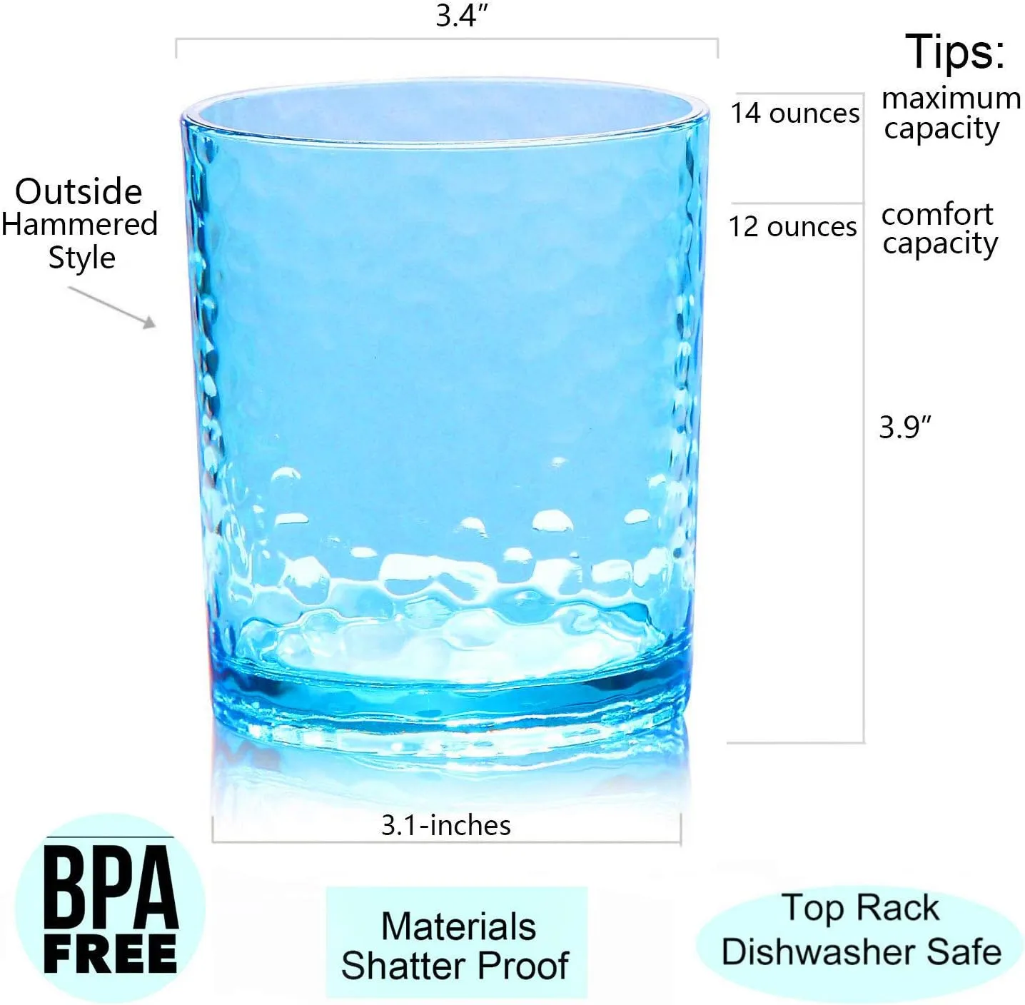 KX-WARE 14-ounce and 20-ounce Acrylic Glasses Plastic Tumbler, set of 8 Multicolor - Hammered Style, Dishwasher Safe, BPA Free