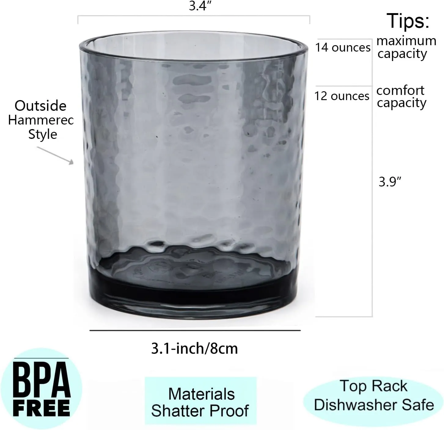 KX-WARE 14-ounce and 20-ounce Acrylic Glasses Plastic Tumbler, set of 8 Smoky Grey - Hammered Style, Dishwasher Safe, BPA Free