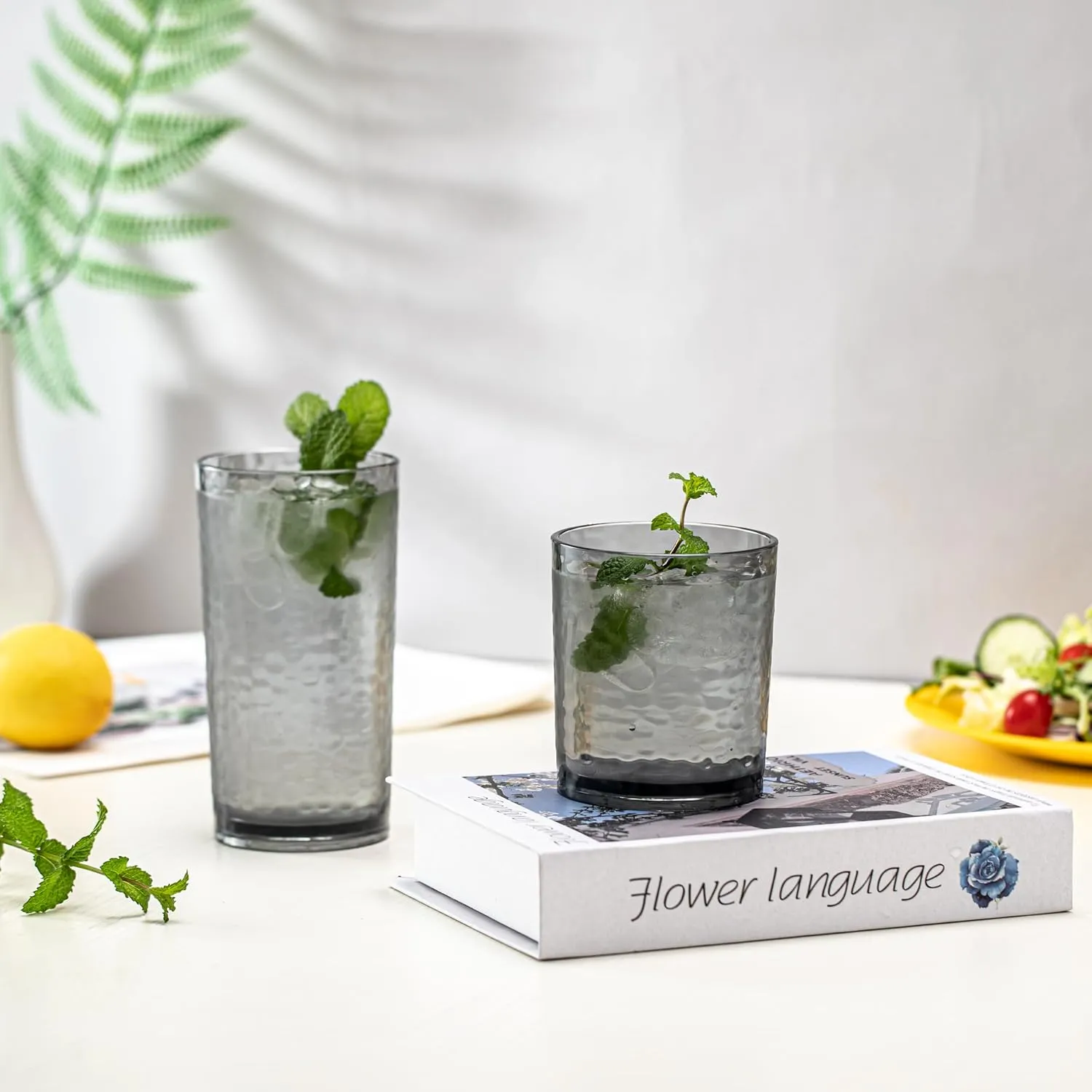 KX-WARE 14-ounce and 20-ounce Acrylic Glasses Plastic Tumbler, set of 8 Smoky Grey - Hammered Style, Dishwasher Safe, BPA Free