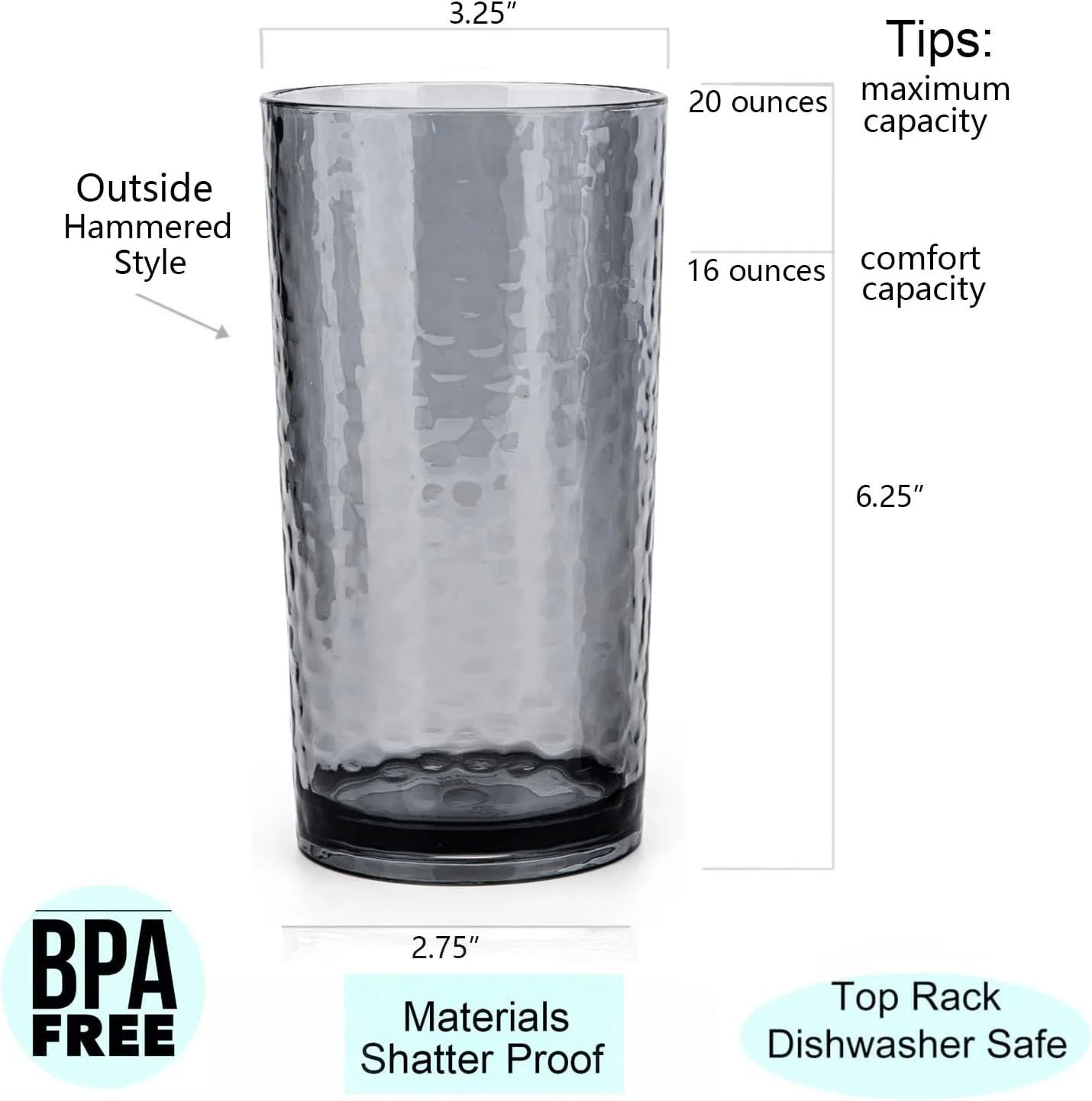KX-WARE 14-ounce and 20-ounce Acrylic Glasses Plastic Tumbler, set of 8 Smoky Grey - Hammered Style, Dishwasher Safe, BPA Free