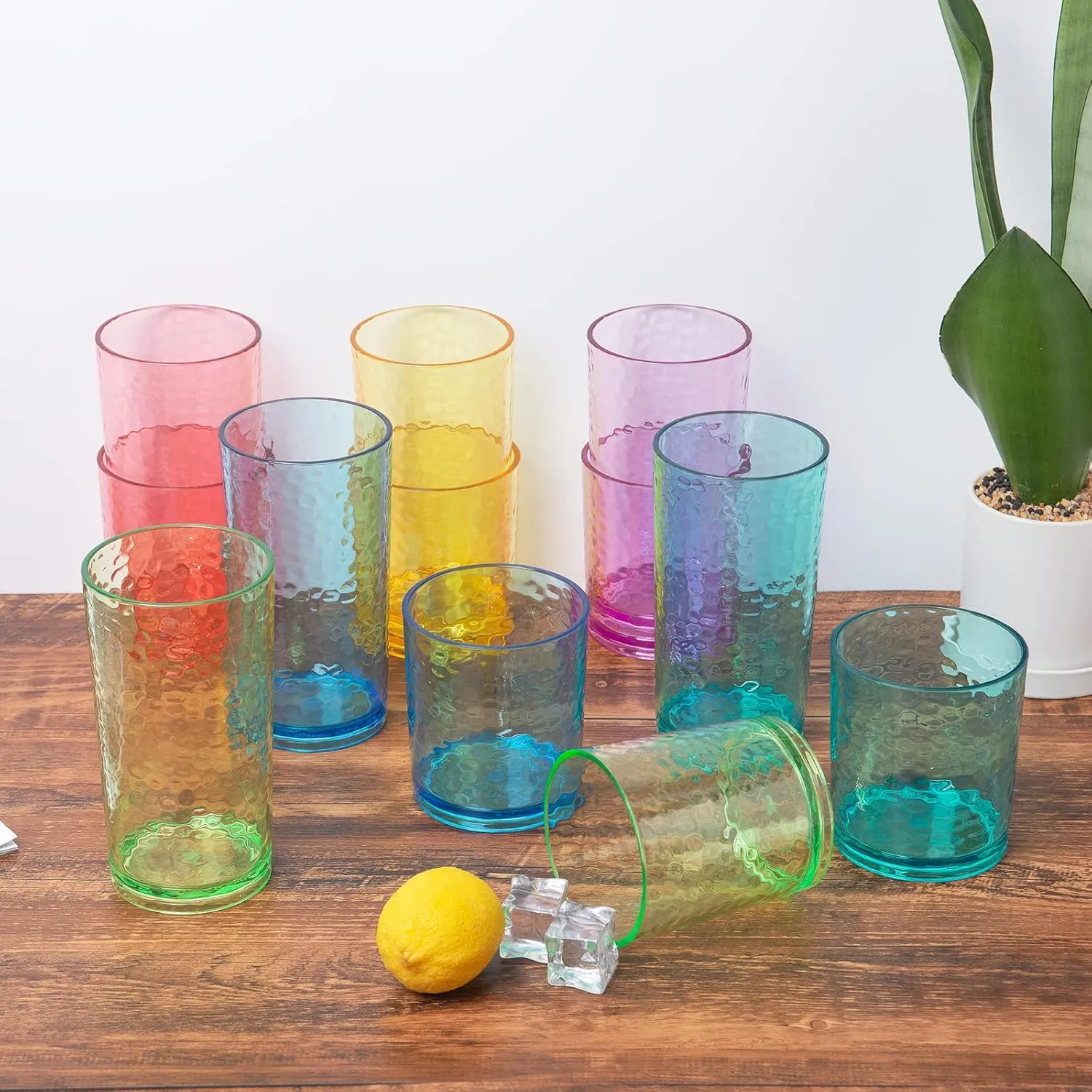 KX-WARE 20-ounce Acrylic Glasses Plastic Tumbler, set of 12 Multicolor - Hammered Style, Dishwasher Safe, BPA Free