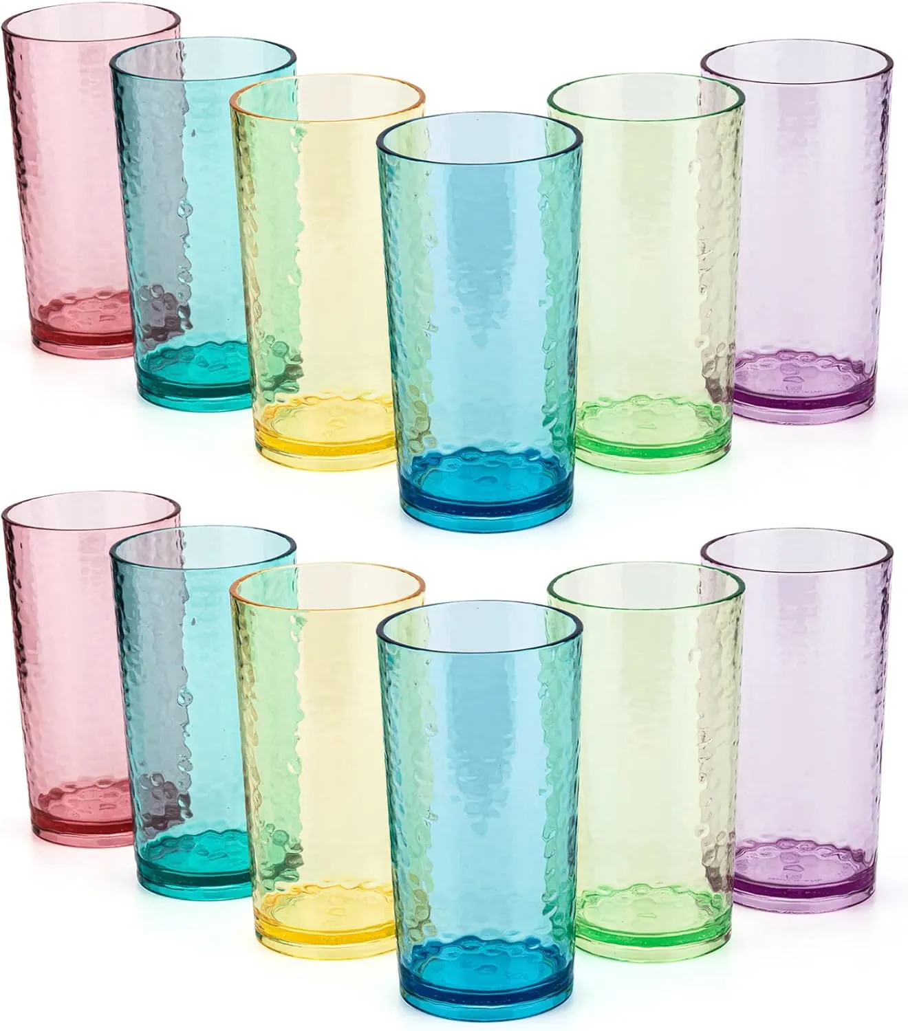 KX-WARE 20-ounce Acrylic Glasses Plastic Tumbler, set of 12 Multicolor - Hammered Style, Dishwasher Safe, BPA Free