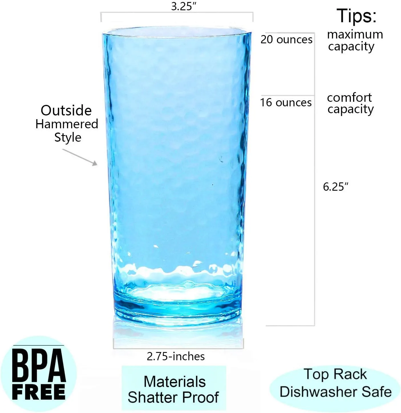 KX-WARE 20-ounce Acrylic Glasses Plastic Tumbler, set of 12 Multicolor - Hammered Style, Dishwasher Safe, BPA Free