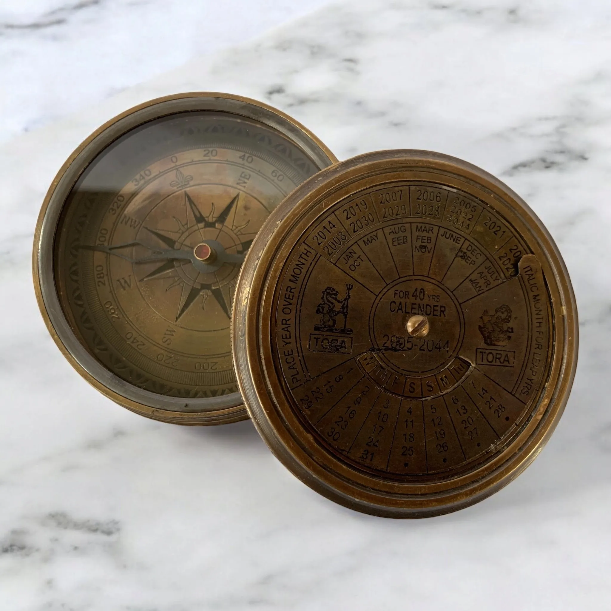 Large Calendar Compass | Custom Engraving on Back | Vintage Brass Perpetual Calendar