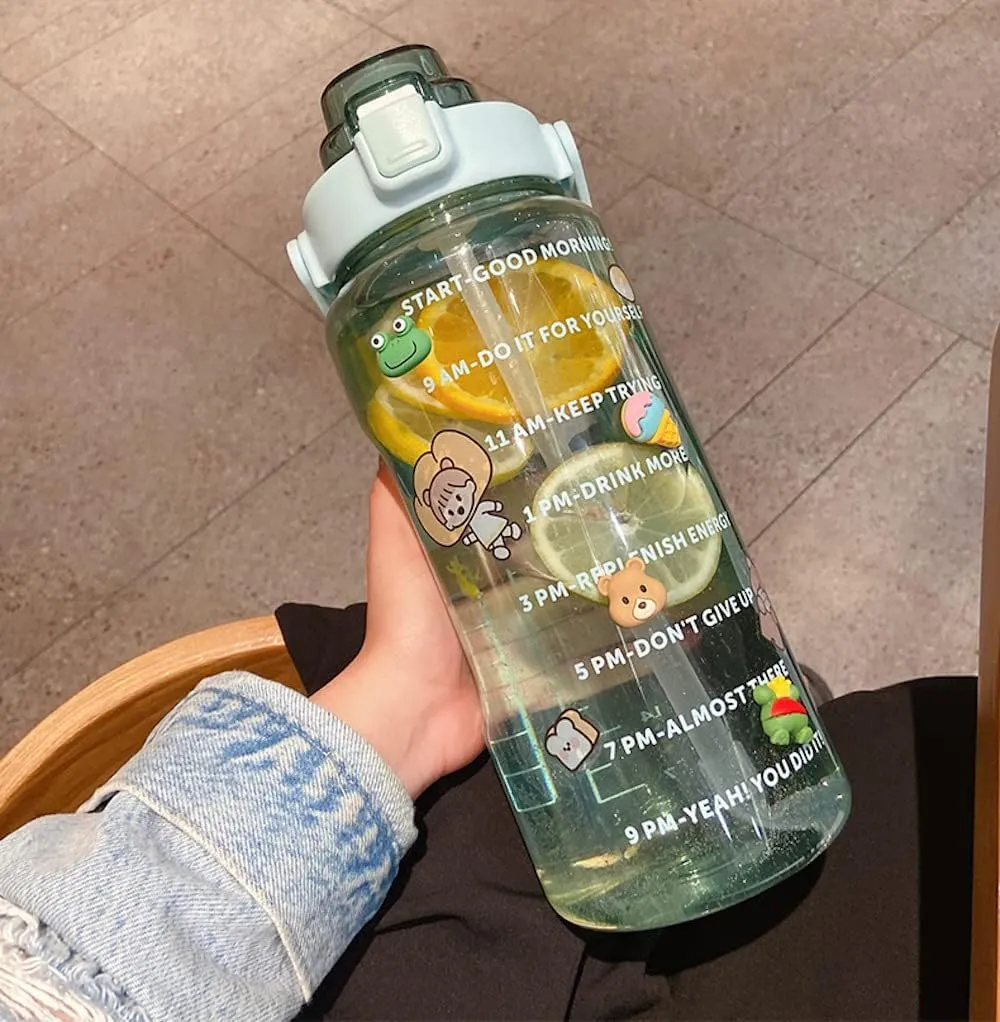Large Kawaii Clear Gallon Water Bottle with Time Marker and Straw 70oz Kawaii Water Bottle with and Resin Stickers Portable Giant Drinking Bottle for School Sports Yoga Spill Proof Water Jug (Green)