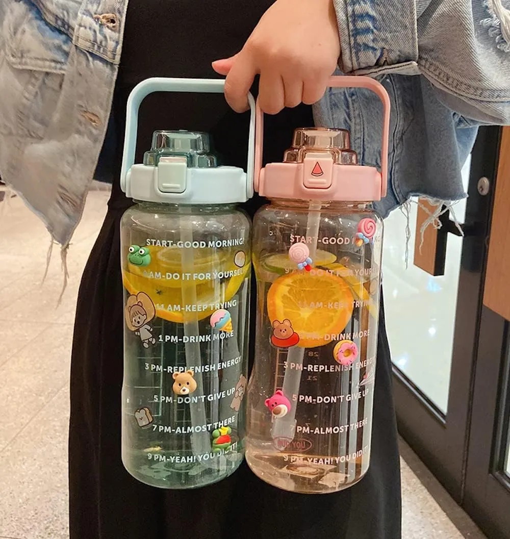 Large Kawaii Clear Gallon Water Bottle with Time Marker and Straw 70oz Kawaii Water Bottle with and Resin Stickers Portable Giant Drinking Bottle for School Sports Yoga Spill Proof Water Jug (Green)