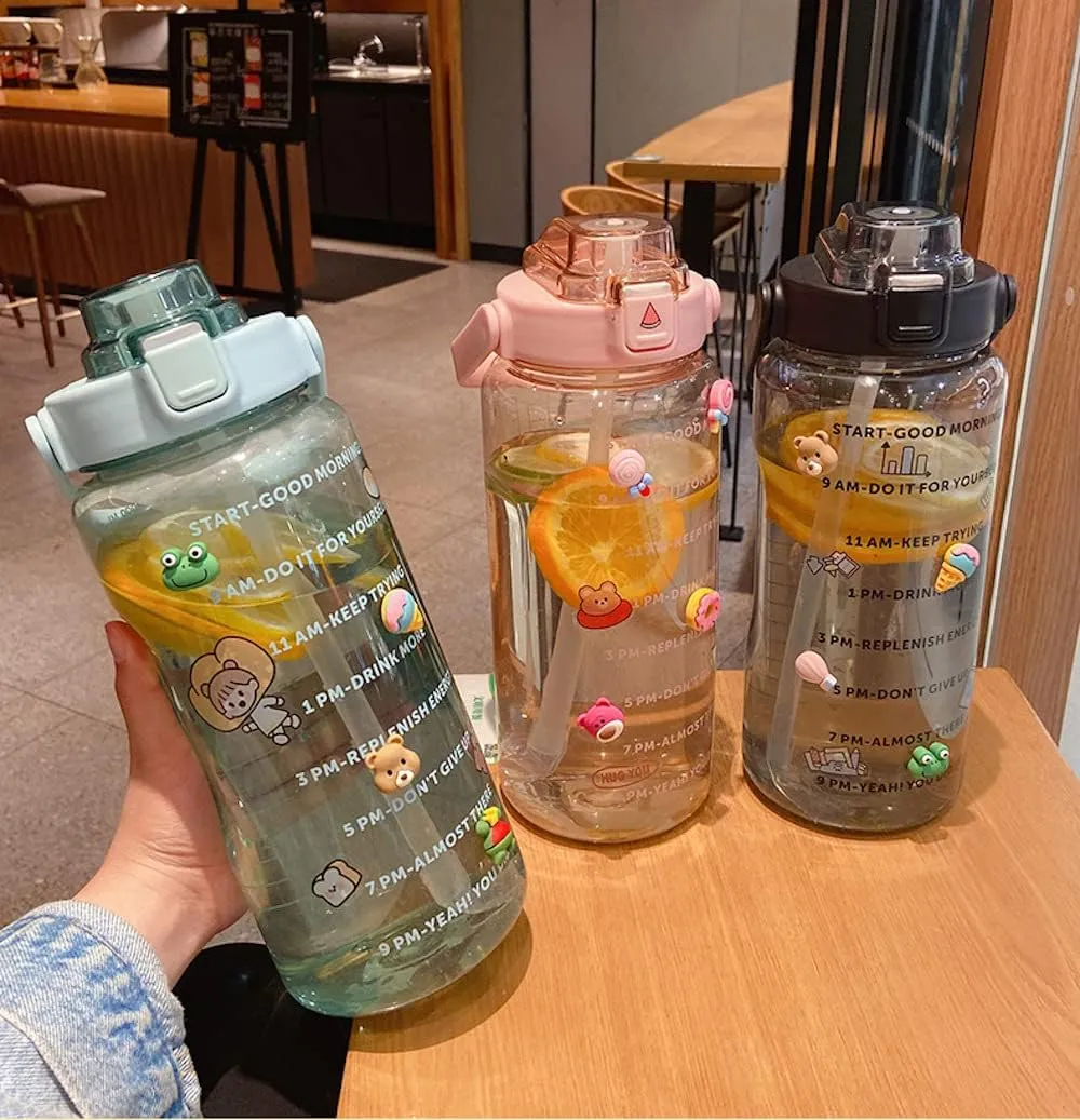 Large Kawaii Clear Gallon Water Bottle with Time Marker and Straw 70oz Kawaii Water Bottle with and Resin Stickers Portable Giant Drinking Bottle for School Sports Yoga Spill Proof Water Jug (Green)