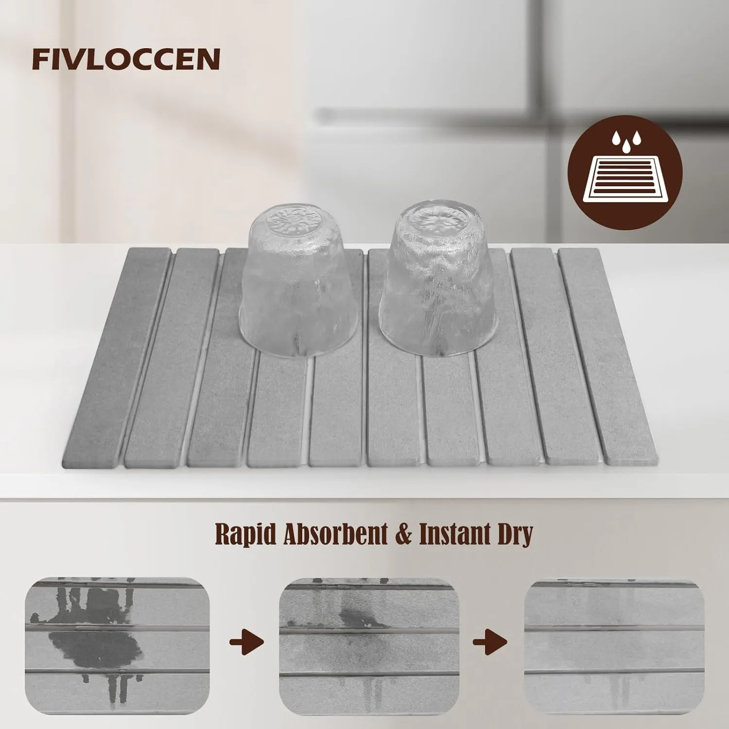 Large Quick Drying Stone Dish Drying Mats for Kitchen Counter,24"*16" Foldable Heat Insulation Instant Water-Absorbed Dish Drying Pad,Absorbent Diatomaceous Earth Mats for Tableware（Gray）