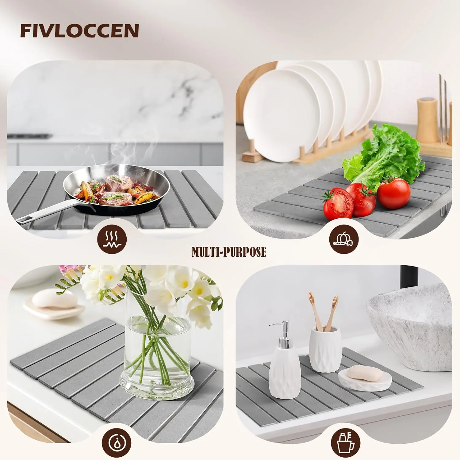 Large Quick Drying Stone Dish Drying Mats for Kitchen Counter,24"*16" Foldable Heat Insulation Instant Water-Absorbed Dish Drying Pad,Absorbent Diatomaceous Earth Mats for Tableware（Gray）