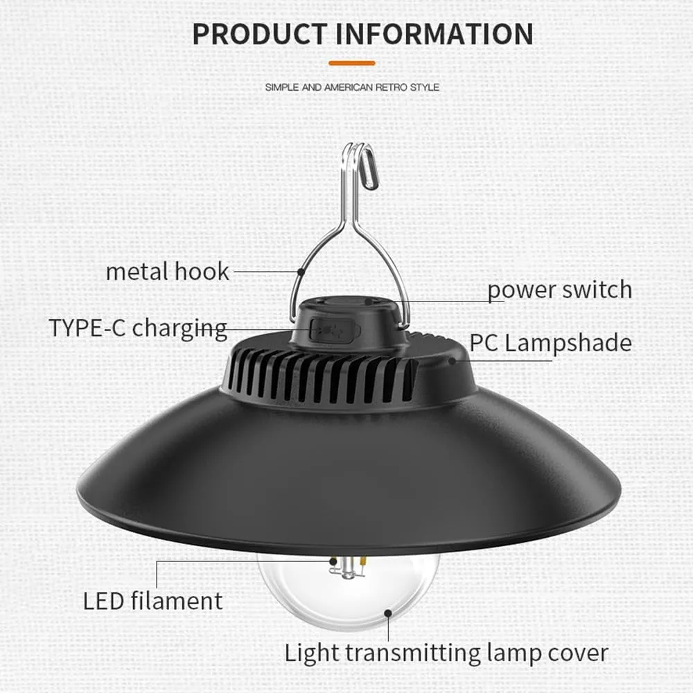 LED Portable Camping Light Typc-C Rechargeable IPX4 Waterproof Hanging Tent Lamp