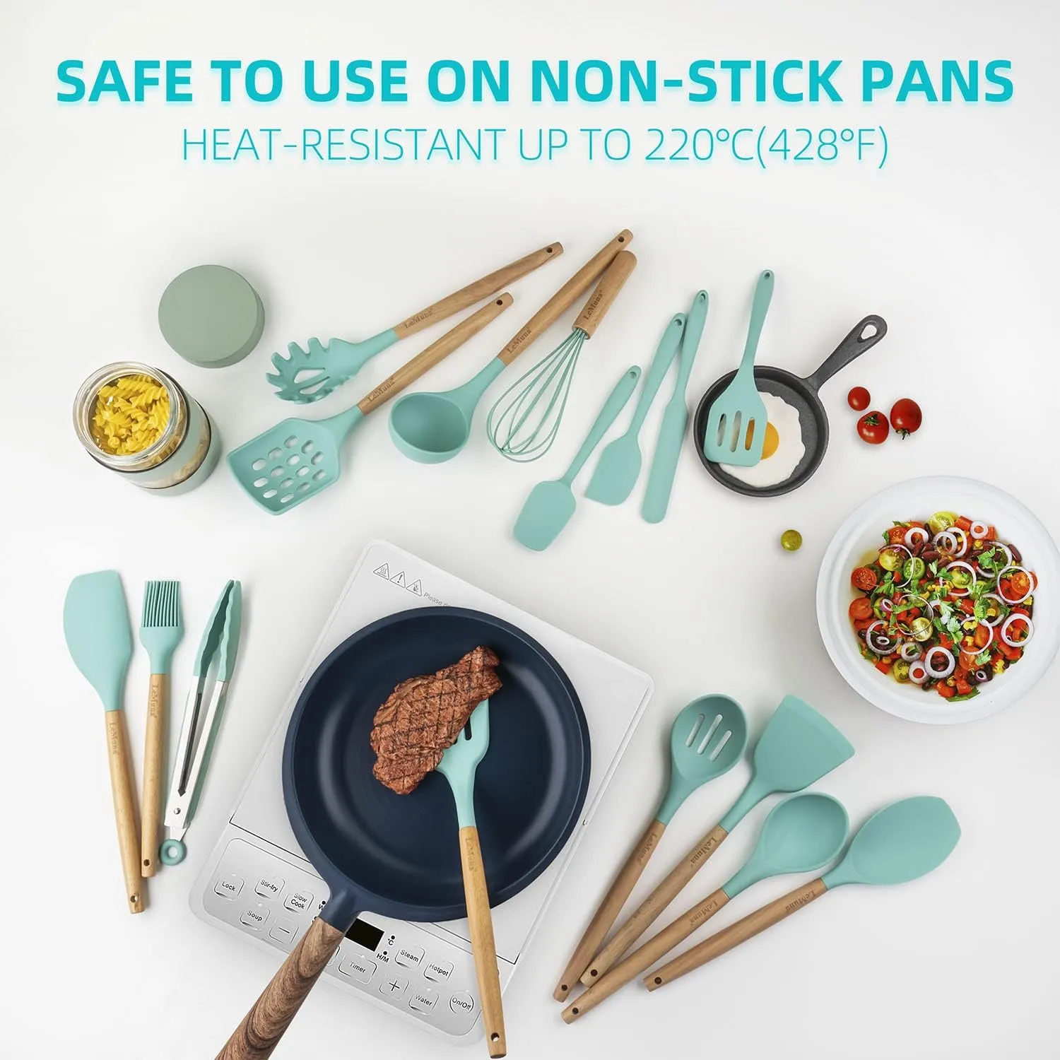 LeMuna Cooking Utensils Set, 18pcs Kitchen Silicone Utensils, Heat Resistant Non Toxic & BPA-Free with Holder & Wooden Handle, Home Essential Accessories, Teal(Turquoise)