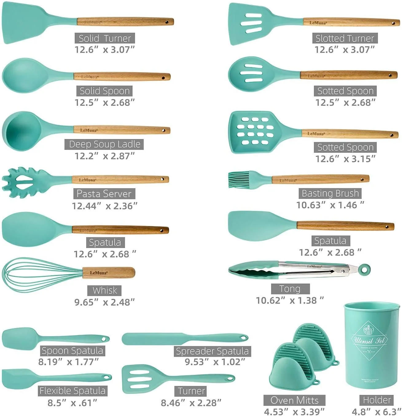 LeMuna Cooking Utensils Set, 18pcs Kitchen Silicone Utensils, Heat Resistant Non Toxic & BPA-Free with Holder & Wooden Handle, Home Essential Accessories, Teal(Turquoise)