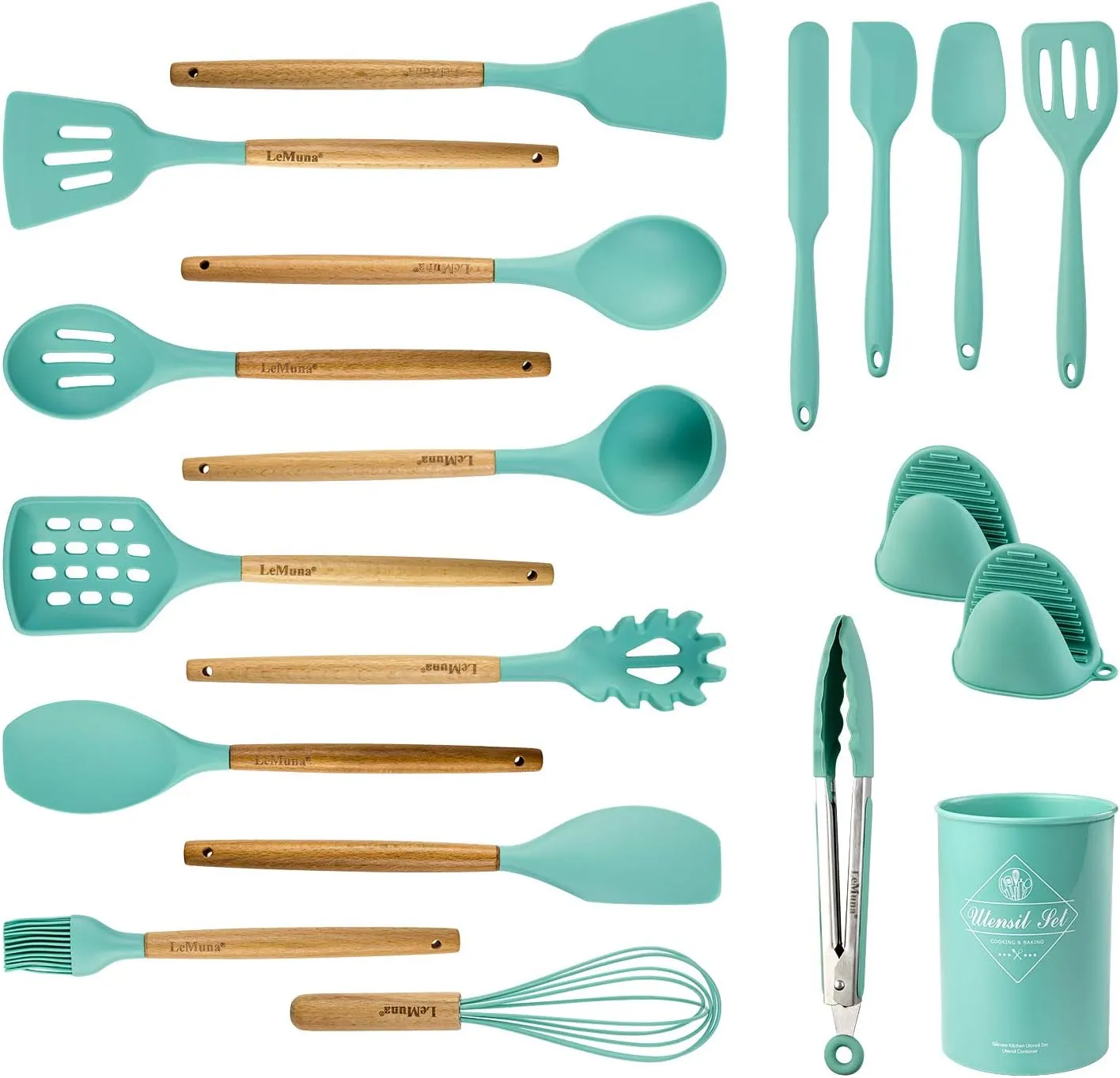 LeMuna Cooking Utensils Set, 18pcs Kitchen Silicone Utensils, Heat Resistant Non Toxic & BPA-Free with Holder & Wooden Handle, Home Essential Accessories, Teal(Turquoise)