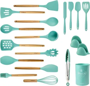 LeMuna Cooking Utensils Set, 18pcs Kitchen Silicone Utensils, Heat Resistant Non Toxic & BPA-Free with Holder & Wooden Handle, Home Essential Accessories, Teal(Turquoise)