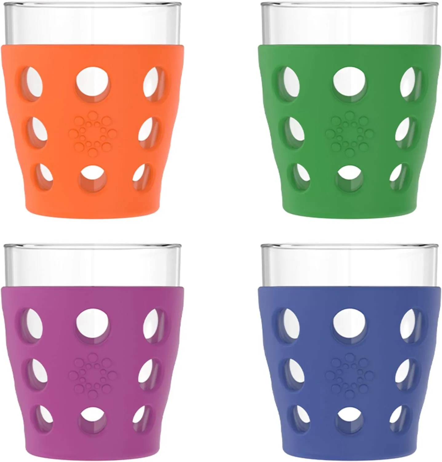 Lifefactory 10-Ounce BPA-Free Indoor/Outdoor Beverage Glass with Protective Silicone Sleeve, 4-Pack, Orange, Grass Green, Cobalt, Huckleberry