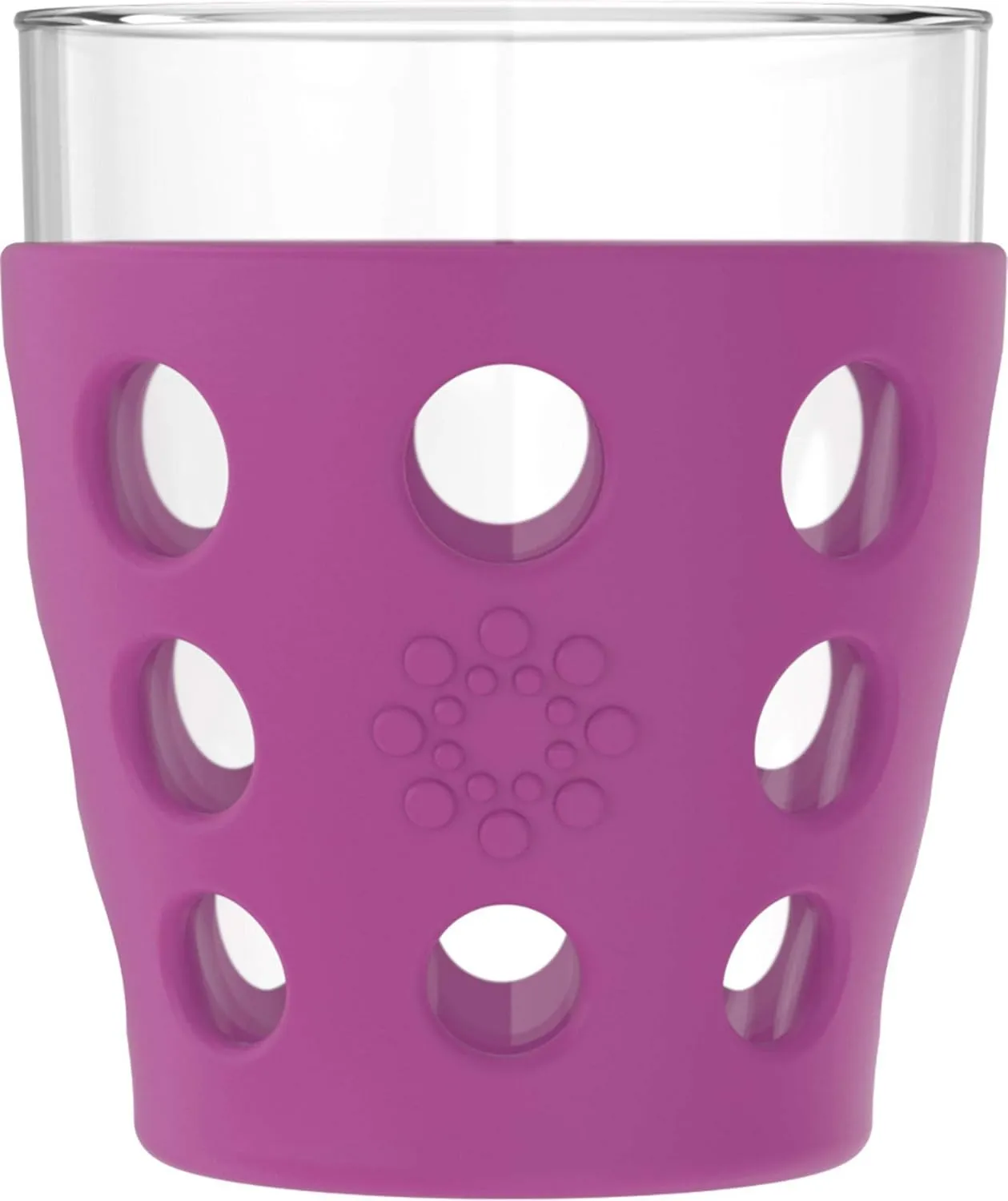 Lifefactory 10-Ounce BPA-Free Indoor/Outdoor Beverage Glass with Protective Silicone Sleeve, 4-Pack, Orange, Grass Green, Cobalt, Huckleberry