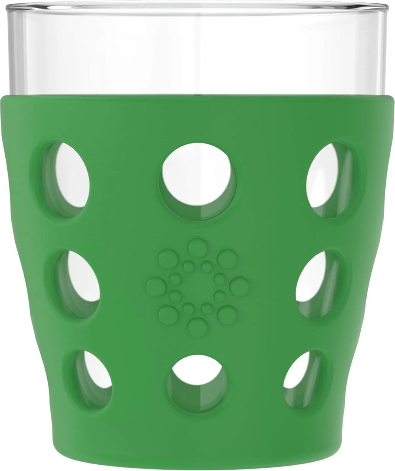 Lifefactory 10-Ounce BPA-Free Indoor/Outdoor Beverage Glass with Protective Silicone Sleeve, 4-Pack, Orange, Grass Green, Cobalt, Huckleberry
