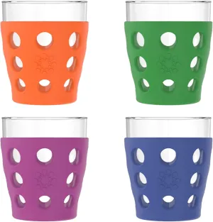 Lifefactory 10-Ounce BPA-Free Indoor/Outdoor Beverage Glass with Protective Silicone Sleeve, 4-Pack, Orange, Grass Green, Cobalt, Huckleberry