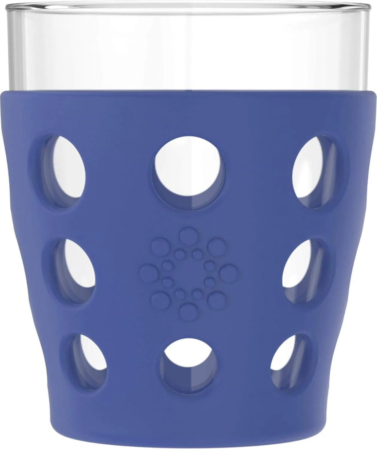 Lifefactory 10-Ounce BPA-Free Indoor/Outdoor Beverage Glass with Protective Silicone Sleeve, 4-Pack, Orange, Grass Green, Cobalt, Huckleberry