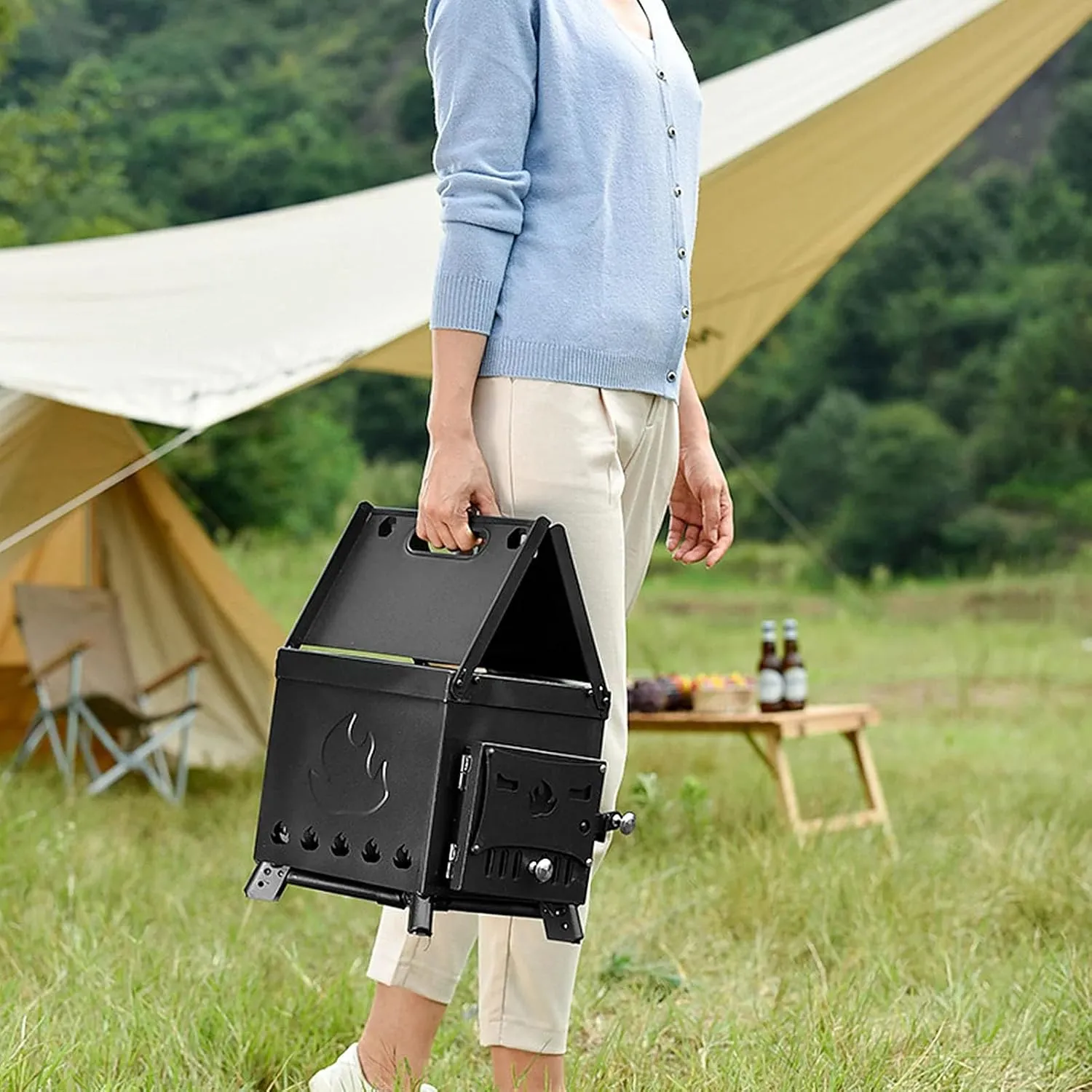 Lightweight Portable Wood Burning Stove Camping Backpacking Stove Stainless Steel Folding Wood Stove for Outdoor Hiking Camping Picnic