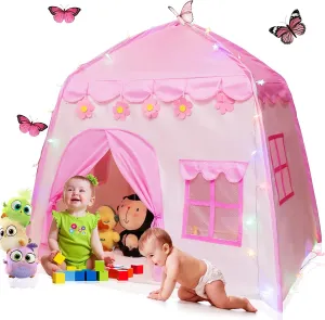 LimitlessFunN 210D Oxford Fabric Flower Kids Play Tent | Includes Star Lights & Carrying Case |, Children Indoor Castle Playhouse for Girls, Toddlers, 39" D x 51" W x 51" H