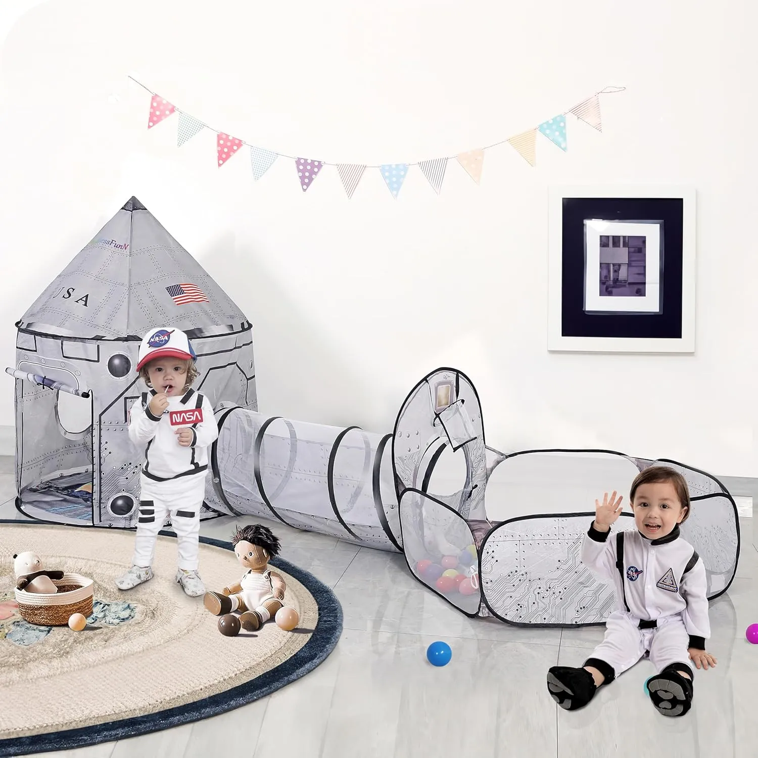 LimitlessFunN 4pc Space Rocket Ship Kids Pop Up Play Tent, Crawl Tunnel, Ball Pit | Includes Star Lights & Carrying Case |, Children Indoor Castle Playhouse for Boys, Toddlers, 47" D x 126" W x 53" H