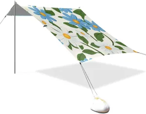 Little Blue Daisies Flowers Designed UPF50  Foldable Beach Tent Lightweight Large Sun Shade Includes Sand Shovel, Sandbags, Stability Poles for Family Trips, Picnics & Camping sombrilla para
