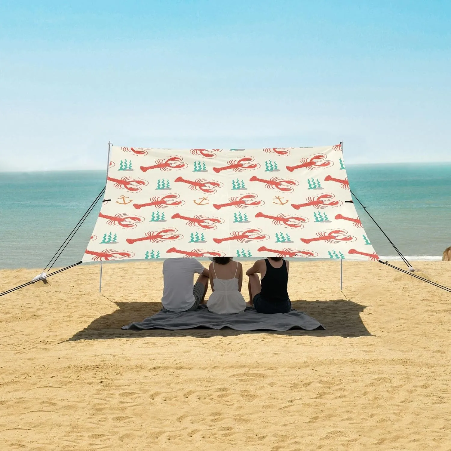 Lobster Seamless Pattern Beach Camping Tent Sun Shelter for Whole Family, Marine Beach Shade Canopy with UPF50  UV Protection,Easy Set Up and Carry,Outdoor Shade for Trips, Fishing, Backyard Fun