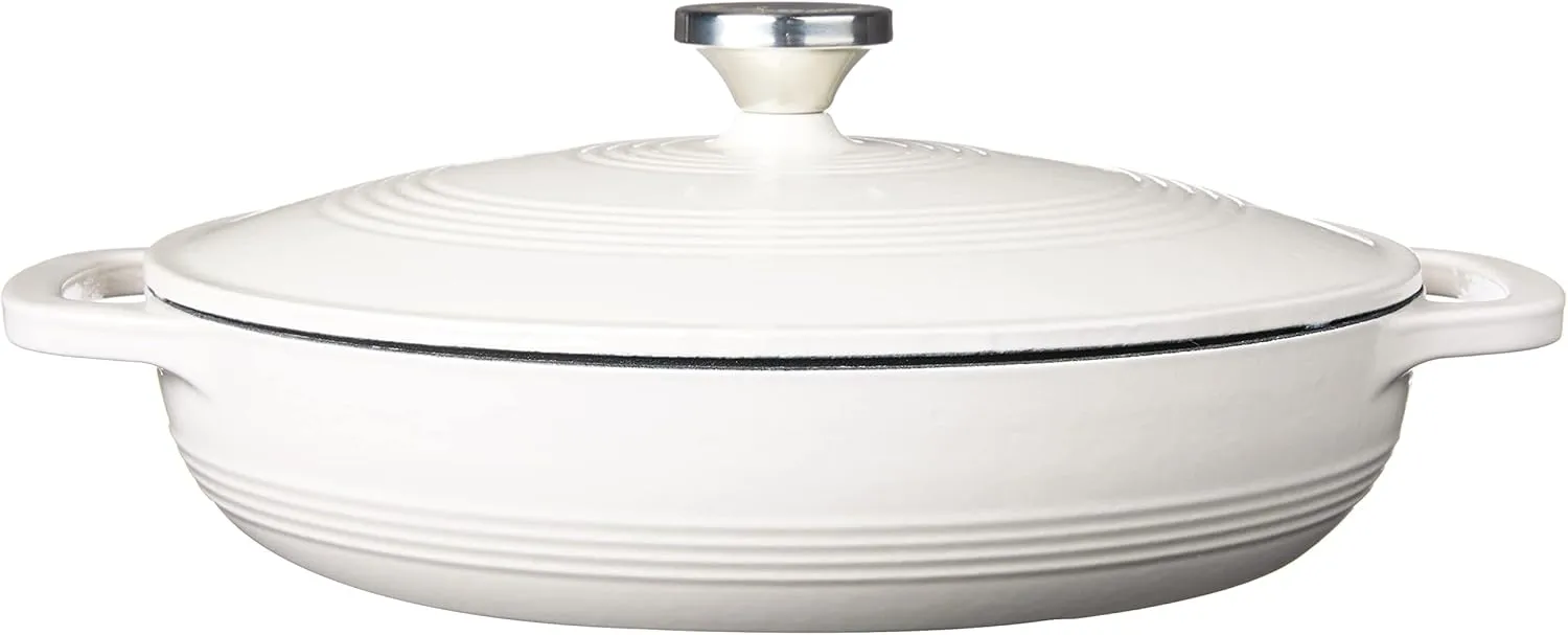 Lodge 3.6 Quart Enameled Cast Iron Oval Casserole With Lid– Dual Handles – Oven Safe up to 500° F or on Stovetop - Use to Marinate, Cook, Bake, Refrigerate and Serve – Oyster White