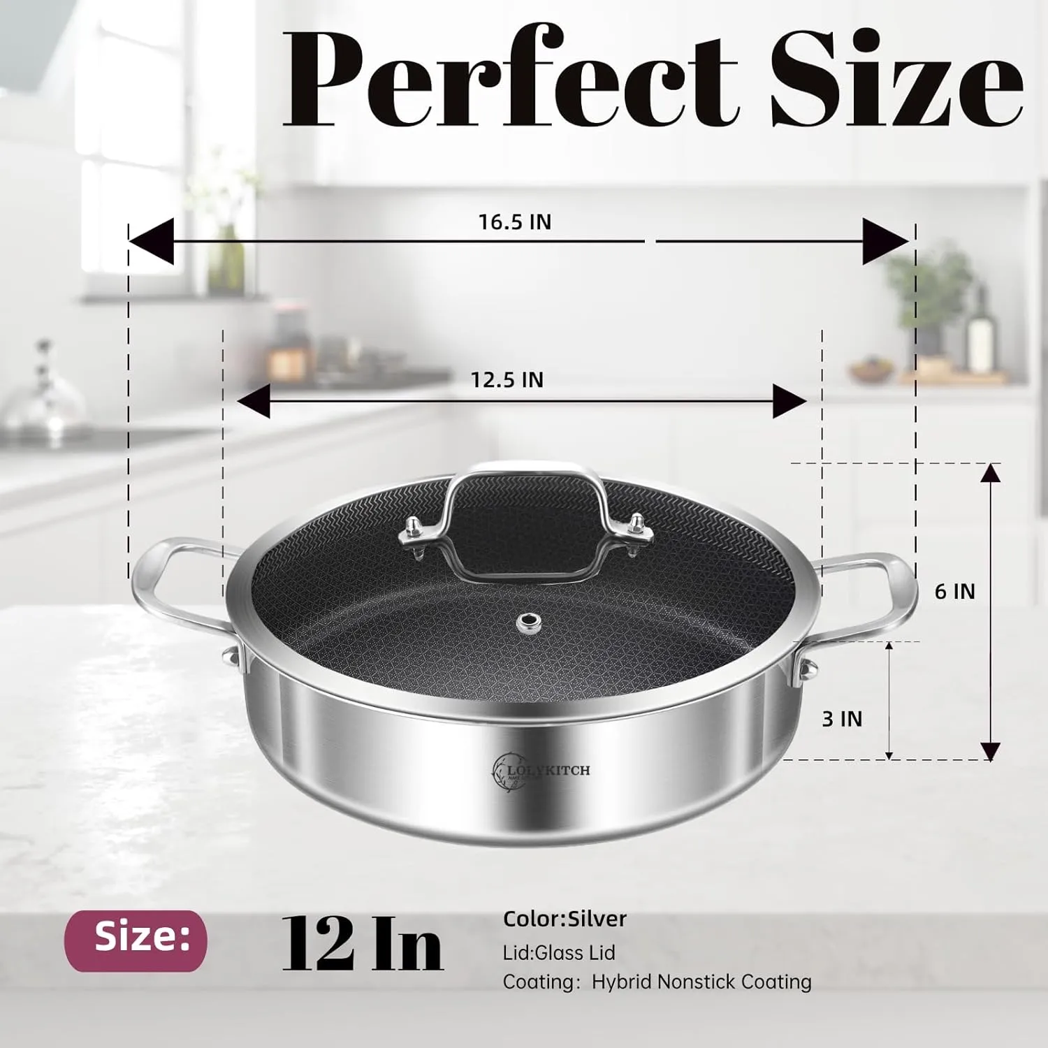 LOLYKITCH 6 QT Tri-Ply Stainless Steel Non-Stick Sauté Pan with Lid,12 Inch Deep Frying Pan,Large Skillet,Jumbo Cooker,Induction Cooking Pan,Heavy Duty and Oven Safe.