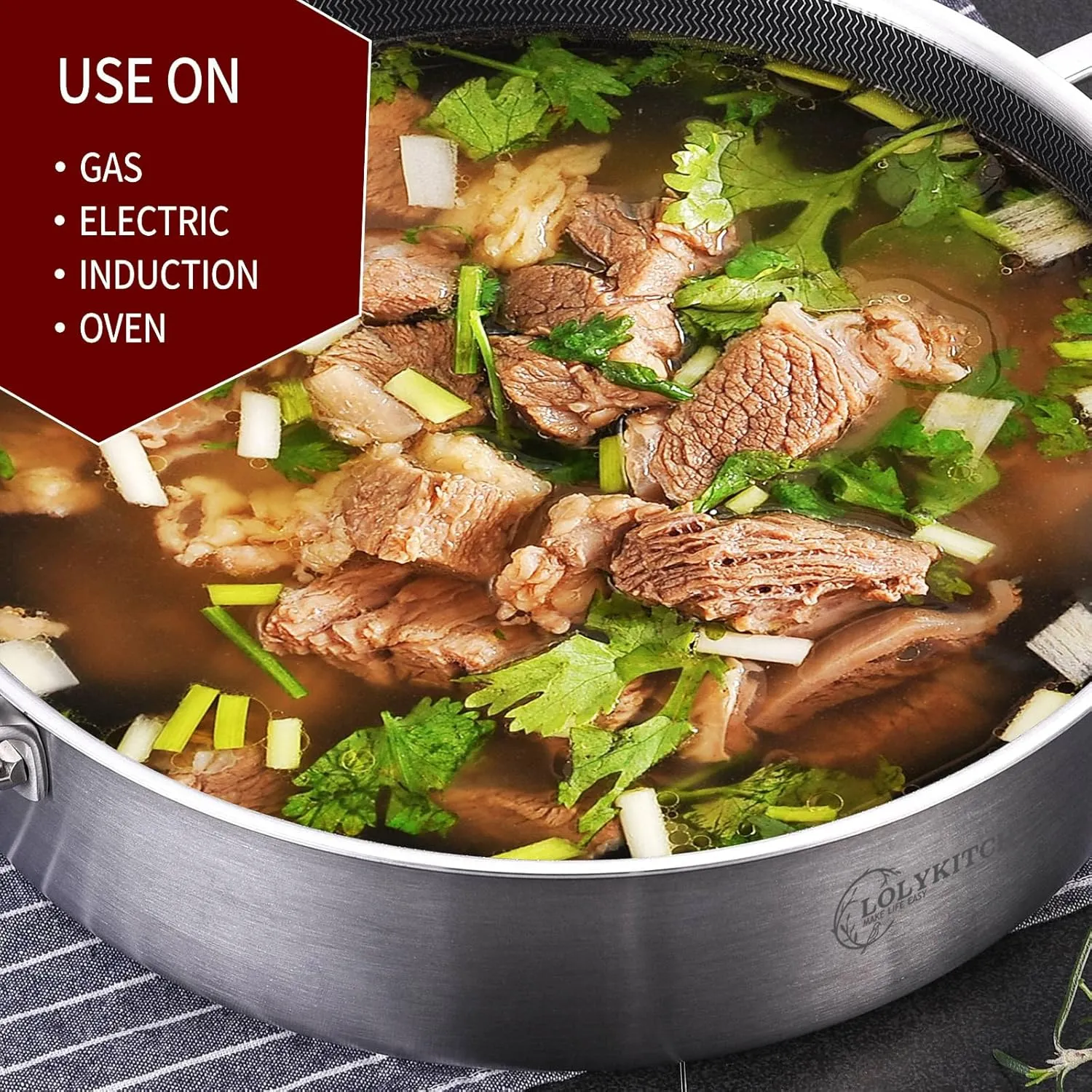 LOLYKITCH 6 QT Tri-Ply Stainless Steel Non-Stick Sauté Pan with Lid,12 Inch Deep Frying Pan,Large Skillet,Jumbo Cooker,Induction Cooking Pan,Heavy Duty and Oven Safe.