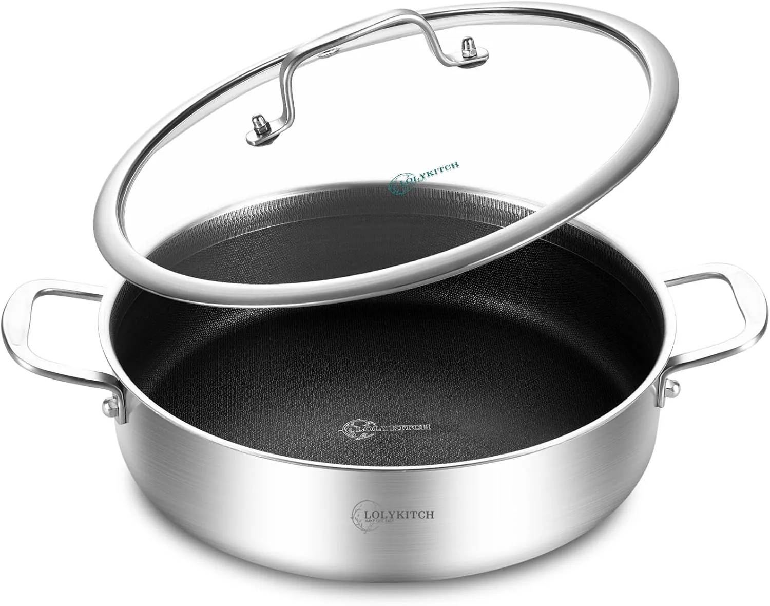 LOLYKITCH 6 QT Tri-Ply Stainless Steel Non-Stick Sauté Pan with Lid,12 Inch Deep Frying Pan,Large Skillet,Jumbo Cooker,Induction Cooking Pan,Heavy Duty and Oven Safe.