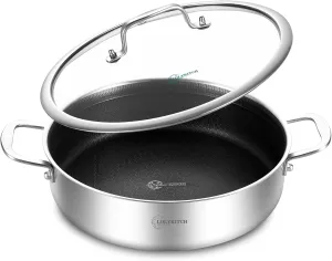 LOLYKITCH 6 QT Tri-Ply Stainless Steel Non-Stick Sauté Pan with Lid,12 Inch Deep Frying Pan,Large Skillet,Jumbo Cooker,Induction Cooking Pan,Heavy Duty and Oven Safe.