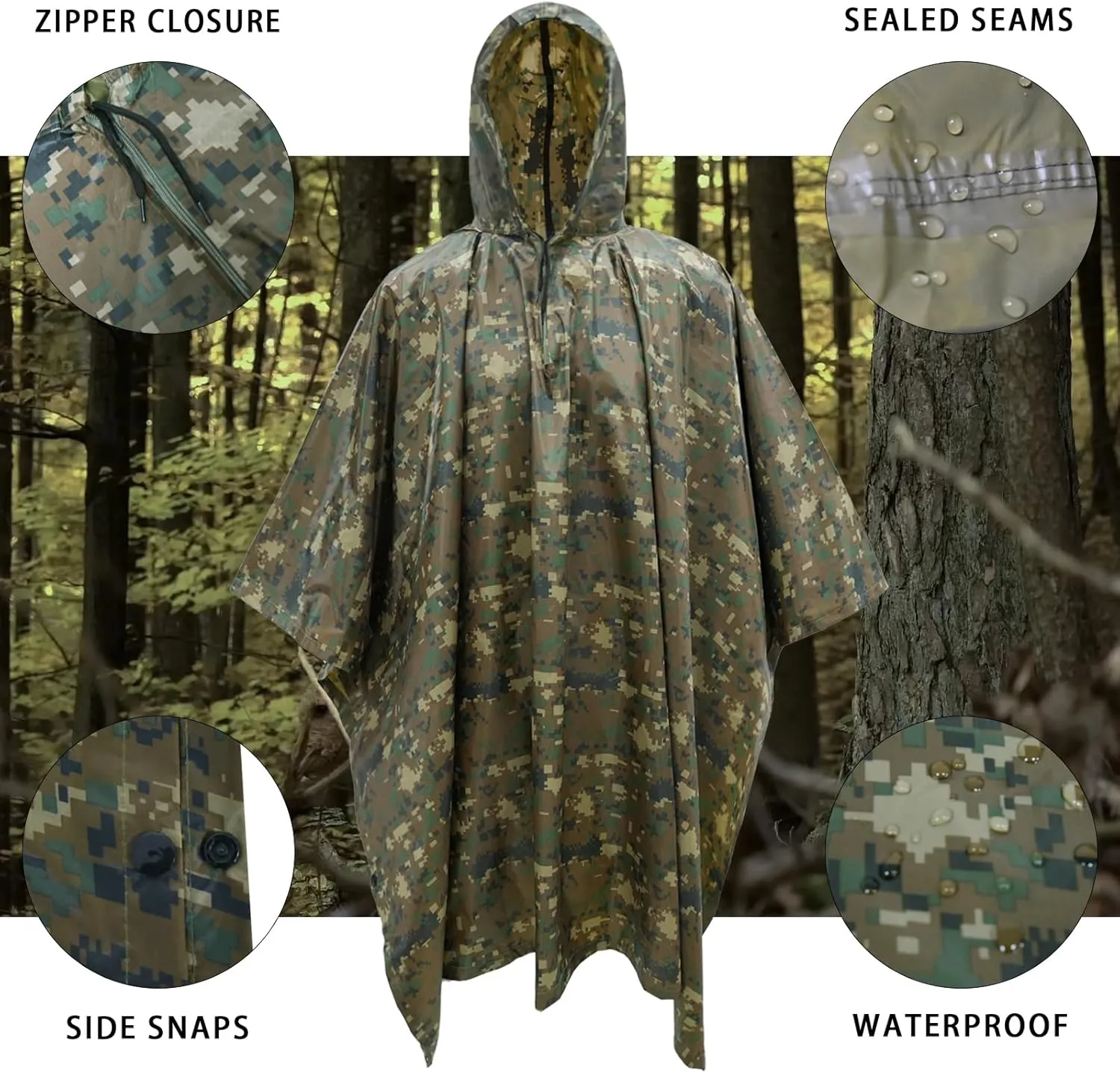 LOOGU Camo Rain Poncho with Hood Waterproof Lightweight Raincoat Rain Gear Men Women Outdoor Camping Hunting Hiking Fishing