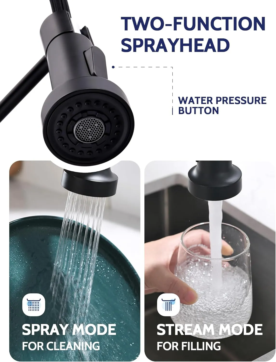 LUFEIDRA Black Kitchen Faucets with Pull Down Sprayer - High Arc Spring 304 Stainless Steel Single Hole Sink Faucet with Dual Function Pull-Down Sprayer for Bar Rv Kitchen, Matte Black