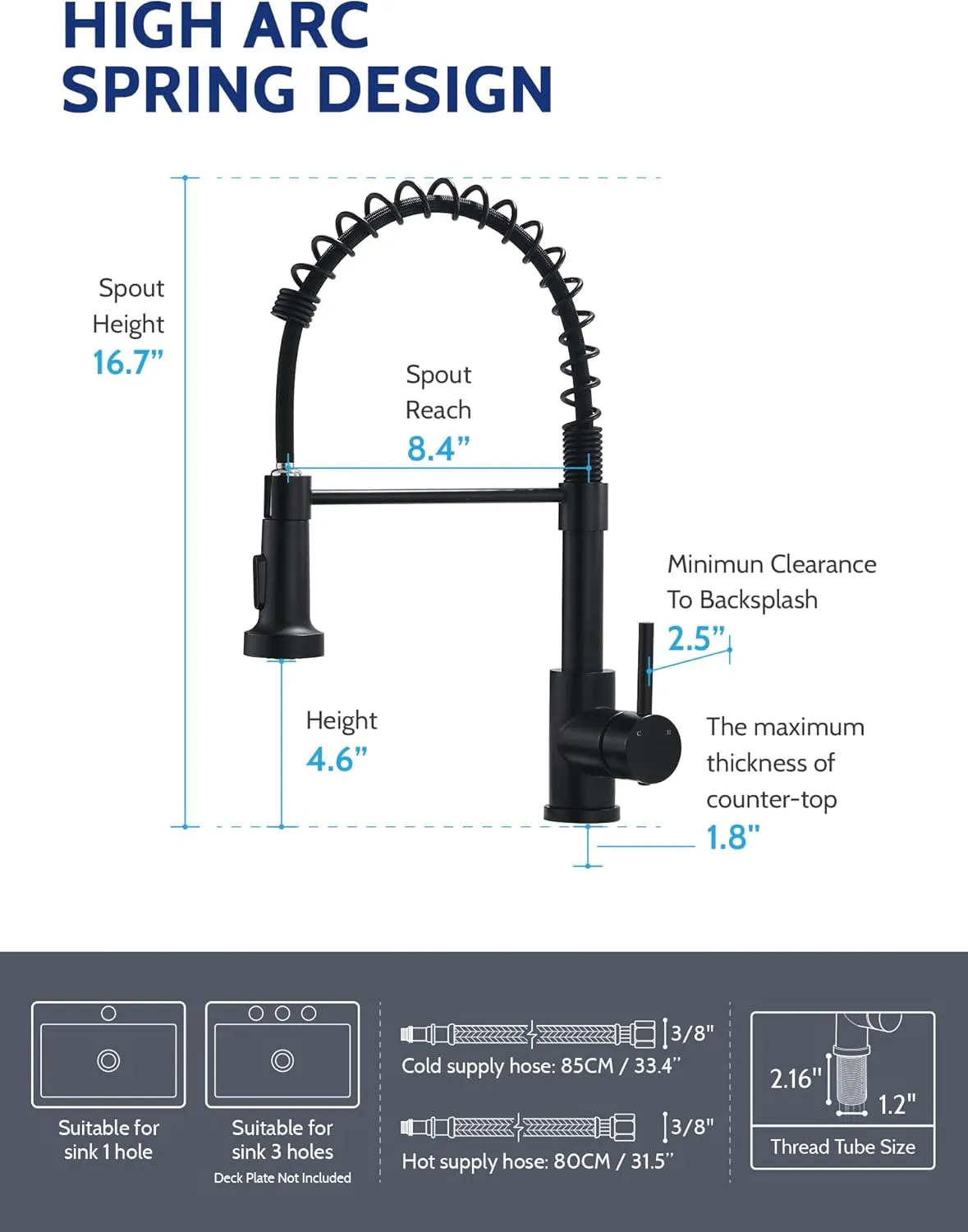 LUFEIDRA Black Kitchen Faucets with Pull Down Sprayer - High Arc Spring 304 Stainless Steel Single Hole Sink Faucet with Dual Function Pull-Down Sprayer for Bar Rv Kitchen, Matte Black