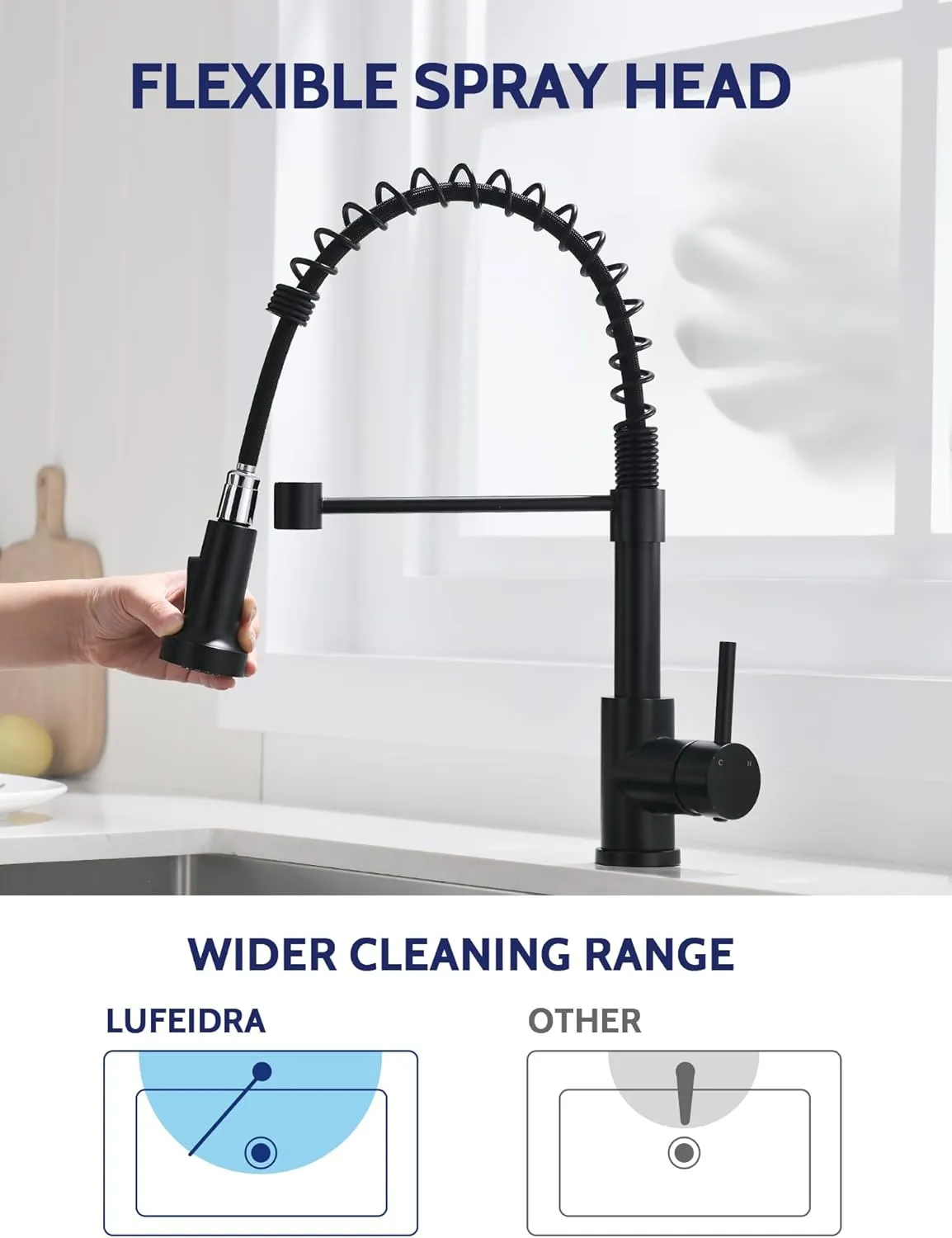 LUFEIDRA Black Kitchen Faucets with Pull Down Sprayer - High Arc Spring 304 Stainless Steel Single Hole Sink Faucet with Dual Function Pull-Down Sprayer for Bar Rv Kitchen, Matte Black