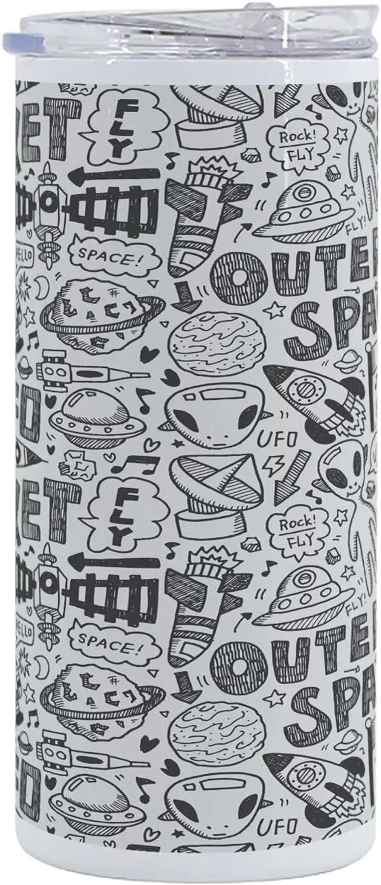 Lunarable Outer Space 12 Oz Skinny Tumbler, Doodle Pattern with Astronauts Satellite Rocket Spaceship Spacecraft Planets, Vacuum Insulated Travel Canteen Cup Leakproof for Travel Picnic, Black White