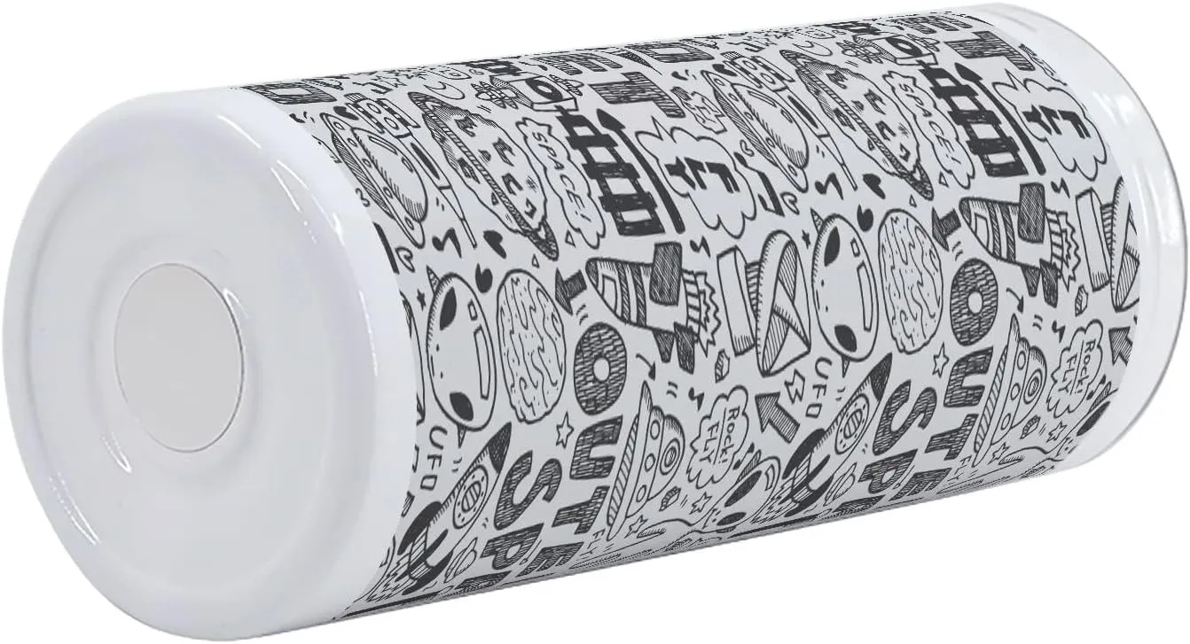 Lunarable Outer Space 12 Oz Skinny Tumbler, Doodle Pattern with Astronauts Satellite Rocket Spaceship Spacecraft Planets, Vacuum Insulated Travel Canteen Cup Leakproof for Travel Picnic, Black White