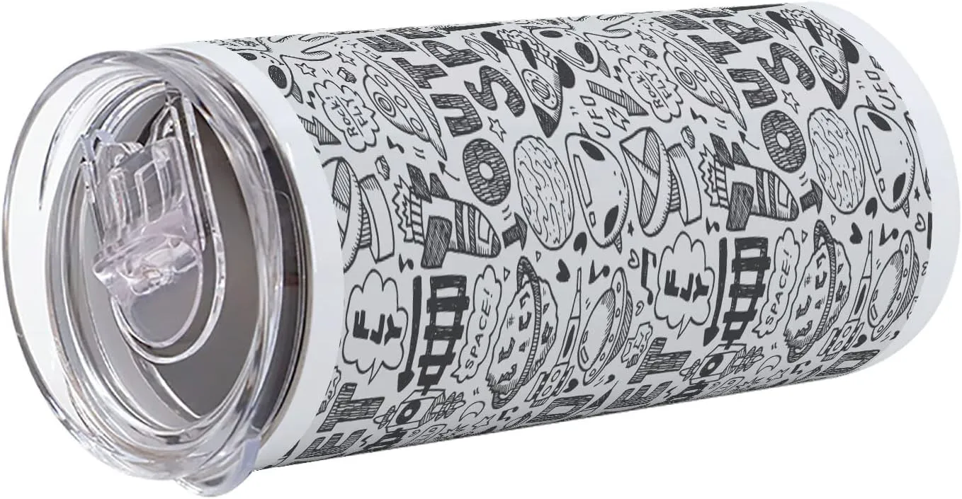 Lunarable Outer Space 12 Oz Skinny Tumbler, Doodle Pattern with Astronauts Satellite Rocket Spaceship Spacecraft Planets, Vacuum Insulated Travel Canteen Cup Leakproof for Travel Picnic, Black White