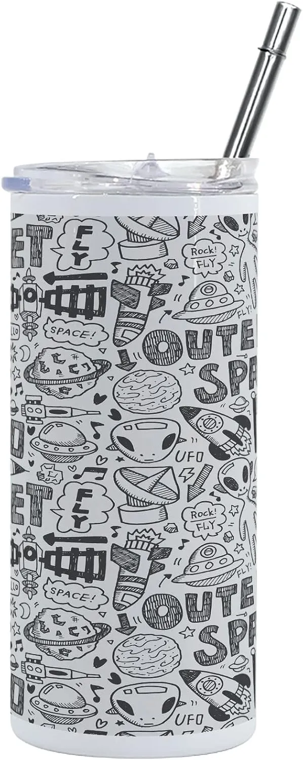 Lunarable Outer Space 12 Oz Skinny Tumbler, Doodle Pattern with Astronauts Satellite Rocket Spaceship Spacecraft Planets, Vacuum Insulated Travel Canteen Cup Leakproof for Travel Picnic, Black White