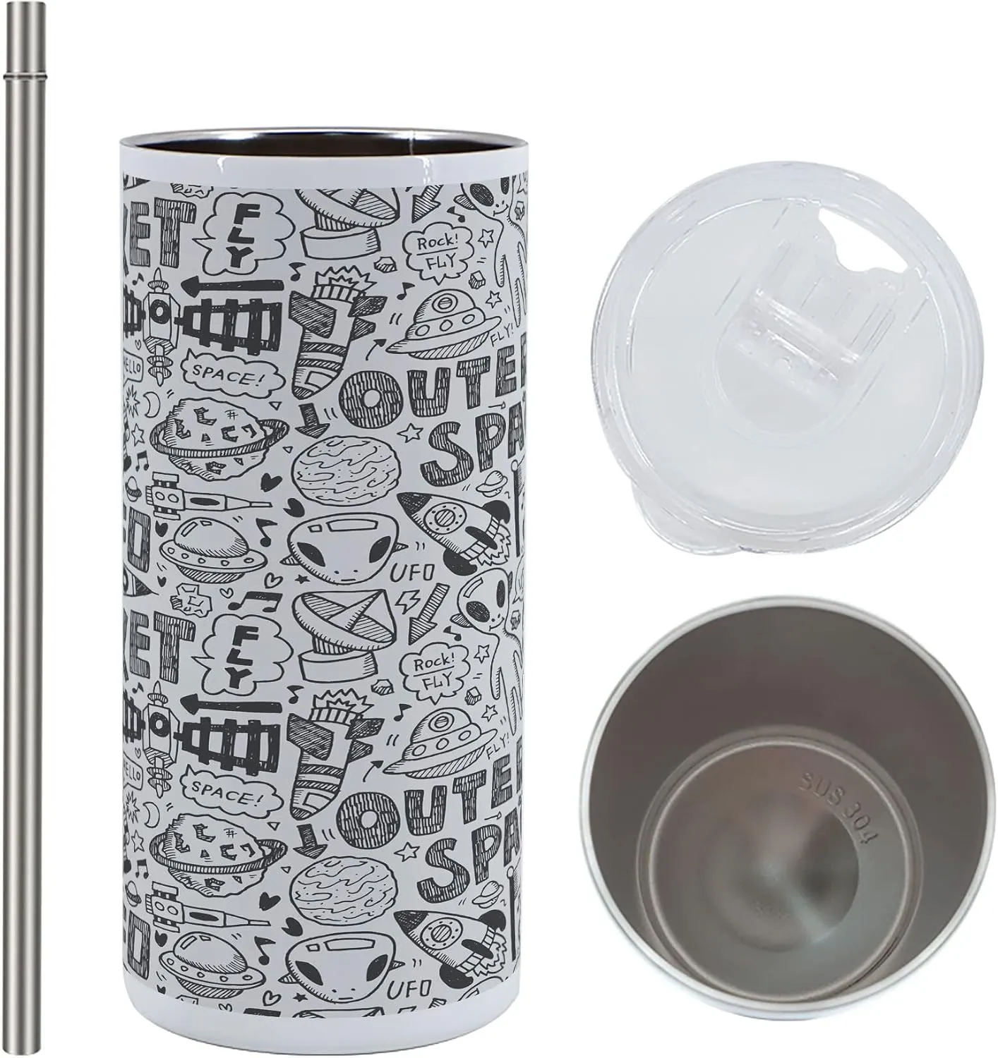 Lunarable Outer Space 12 Oz Skinny Tumbler, Doodle Pattern with Astronauts Satellite Rocket Spaceship Spacecraft Planets, Vacuum Insulated Travel Canteen Cup Leakproof for Travel Picnic, Black White