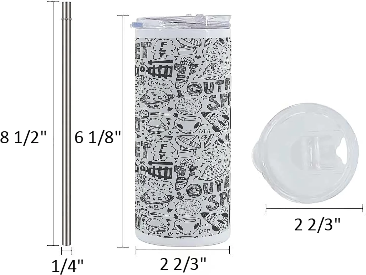 Lunarable Outer Space 12 Oz Skinny Tumbler, Doodle Pattern with Astronauts Satellite Rocket Spaceship Spacecraft Planets, Vacuum Insulated Travel Canteen Cup Leakproof for Travel Picnic, Black White