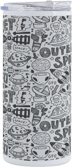 Lunarable Outer Space 12 Oz Skinny Tumbler, Doodle Pattern with Astronauts Satellite Rocket Spaceship Spacecraft Planets, Vacuum Insulated Travel Canteen Cup Leakproof for Travel Picnic, Black White